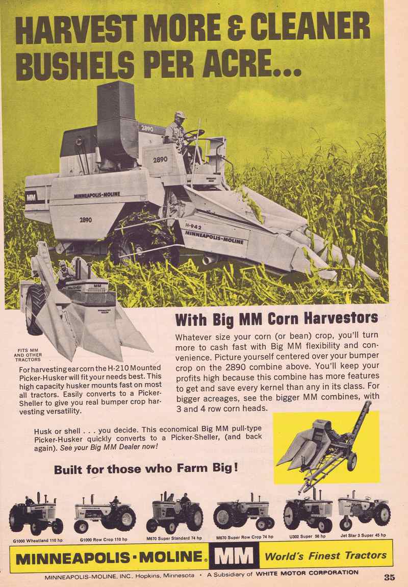 1966 Moline H210 Mounted Corn Picker - ad also has 2890 combine with corn head and pull  type picker
