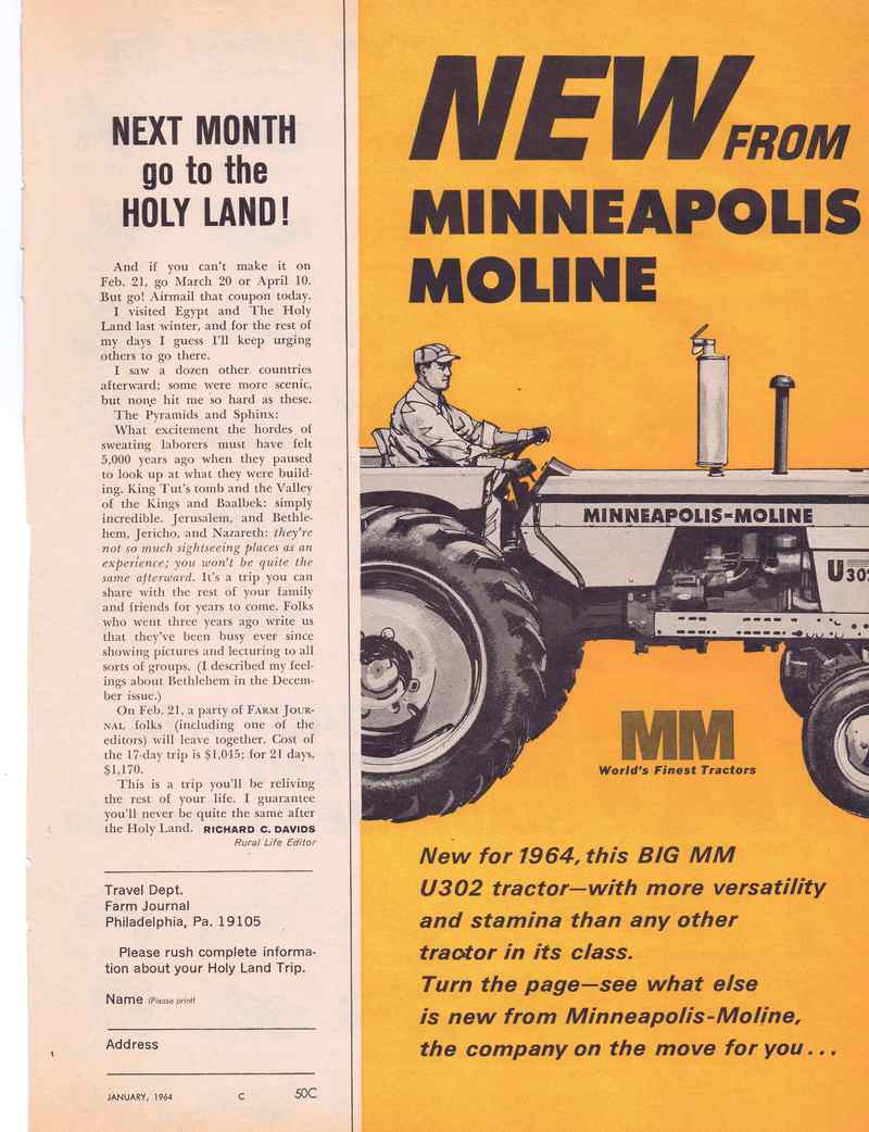 Moline 1964 Full Line Ad   116 Machines Page 1 - cover page of 3 page ad has U302<P>U302 Jet Star  M602  G706 tractors plow disk planter  hay combines   corn picker