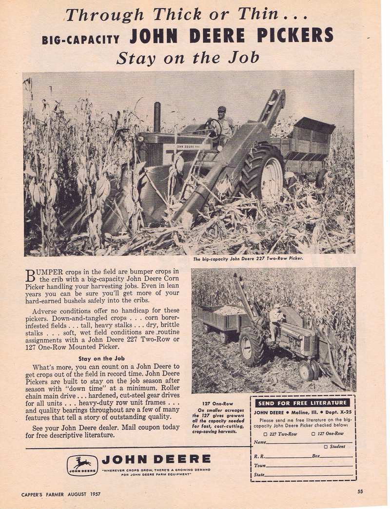 1957 Deere 227 Two Row 127 One Row Picker - ad for mounted corn pickers