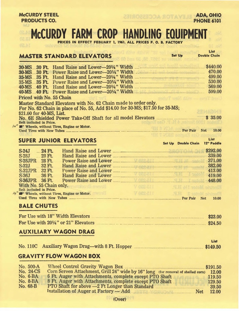 Mccurdy 1961 Price List -