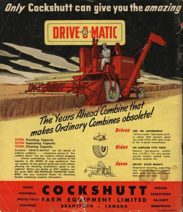 Early 50S Cockshutt Combine - The Cockshutt 'Drive-o-matic' combines were popular on the wheat fields of Sask. in the 1950s.