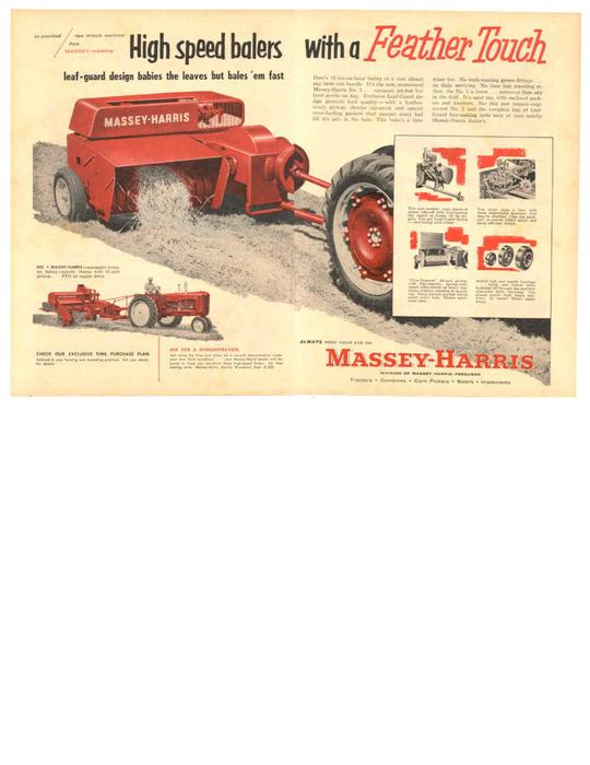 MH #3 Baler - Ad for the #3 Massey Harris Baler discussing the 'Feather Touch' system. This was during the MHF combination years as witnessed by the MH pulling the baler in the small picture