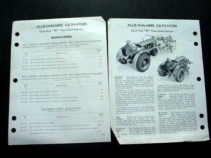 1930S Allis Chalmers Cultivator Specifications  - Two pages from an Allis Chalmers manual dating in the early 1930's on the Cultivator Specifications.