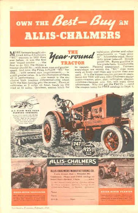 1936 Allis Chalmers WC Ad - This is a one page advertisement from a 1936 magazine.