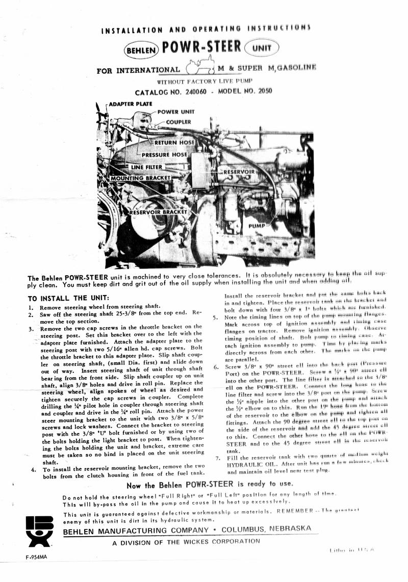Behlen Power Steering Ihc M And Super M Installation Inst. (20050317