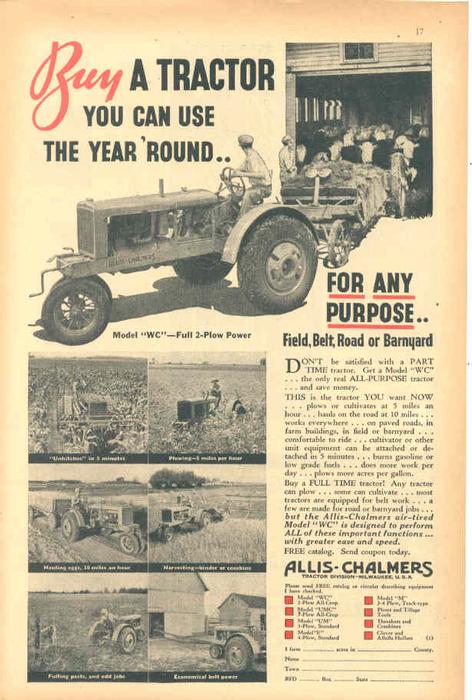1935 Allis Chalmers WC Ad - This is a one page ad from a 1935 Magazine.