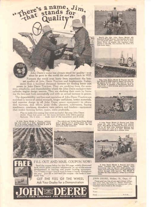 1930s John Deere B Ad - This is a one page ad from a magazine dating in the 1930s.