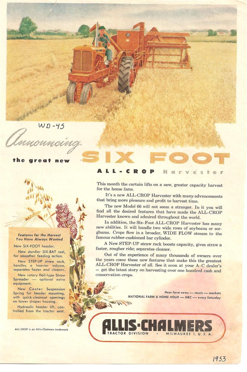 1953 Allis Chalmers 6 Foot Combine And WD-45 - A full page color sheet. The Six Foot ALL-CROP Harvester