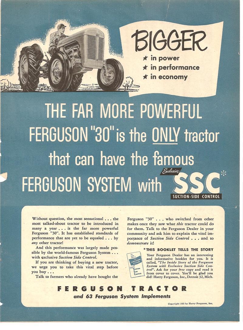 1952 Ferguson 30 Tractor - original ad Ferguson 30 is the ONLY tractor that can have the famous Ferguson system with SSC (Suction side control)