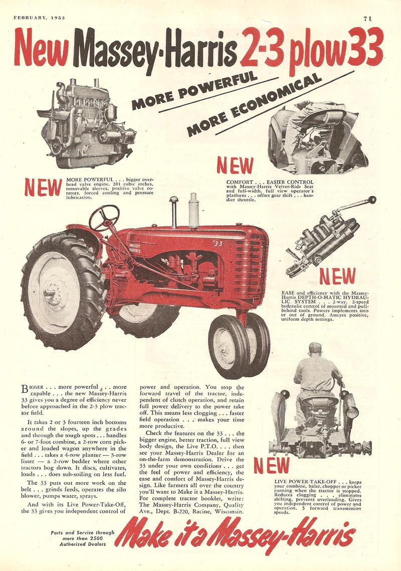 1953 Massey Harrris 33 Tractor - original ad New Massey Harris 2-3 plow 33 with Depth-O-matic hydraulic system