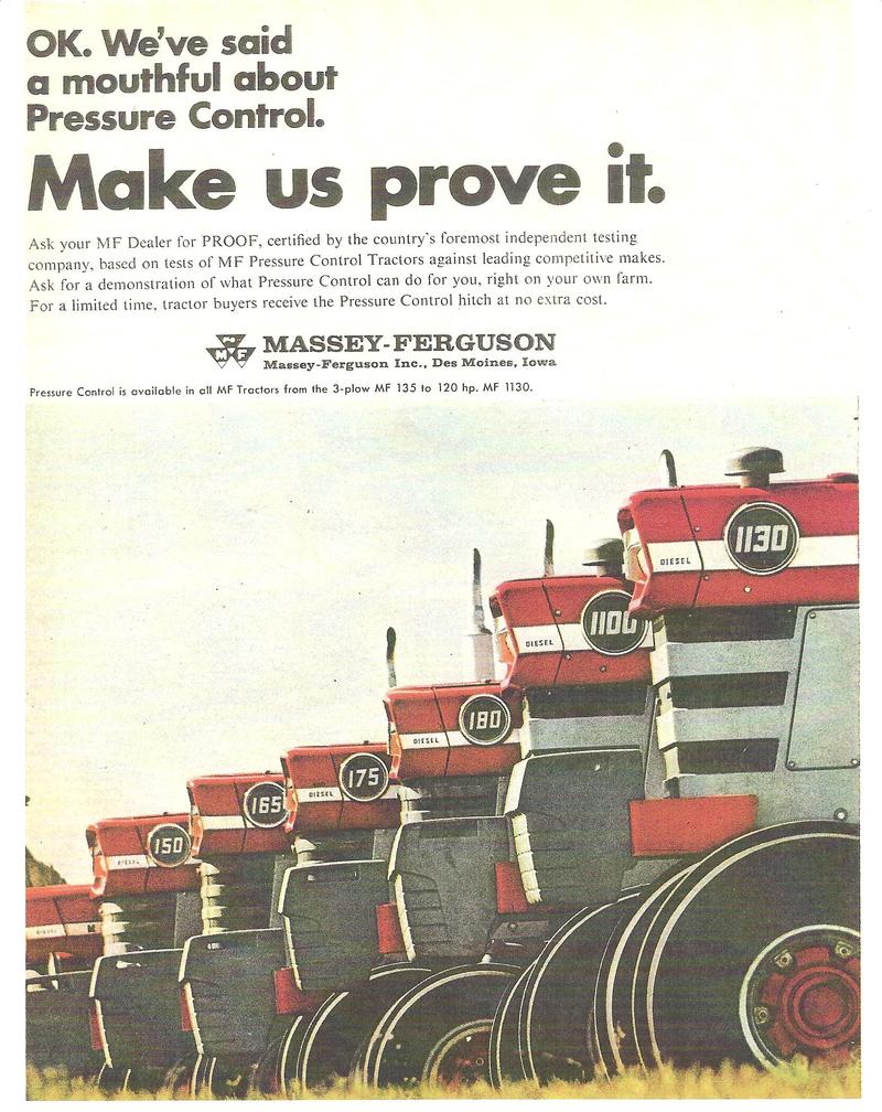 1969 Massey Tractor Line 1130 - original ad last pg of 4 pg ad- 1130 120 hp, 1100 94 hp, 180 63 hp, 175 5 plow, 165 52 hp 4 plow, 150 , 135 38 hp 3 plow