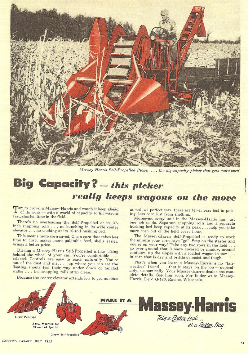 1955 Massey Harris Self Propelled Corn Picker - original ad for pull type, mounted, and self propelled