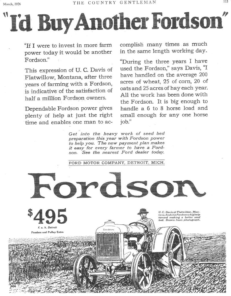 1926 Fordson Ford Tractor - copy of original ad. This was my father in laws forst tractor.