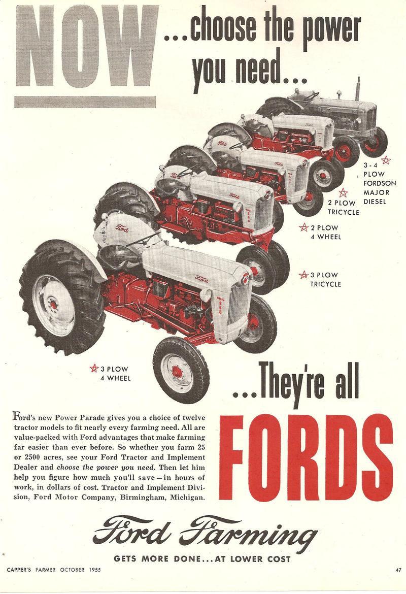 1955 Ford Tractor Line 860, 960, 660, 740 - original ad, the last tractor in line is 3-4 plow Fordson Major Diesel