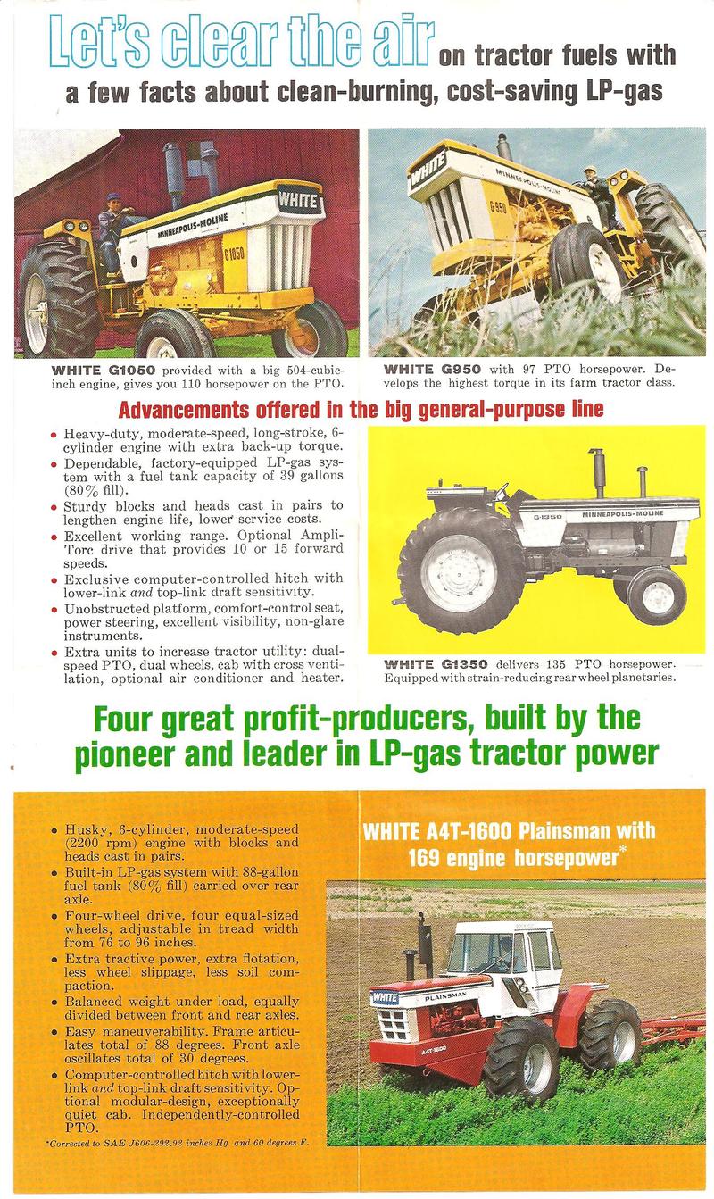1970 Moline LP Tractor G1050 G950 G1350 A4T - a fold out handout about 'Lets clear the air ' about LP-gas tractors. At bottom is White Plainsman A4T-1600 at 169 hp
