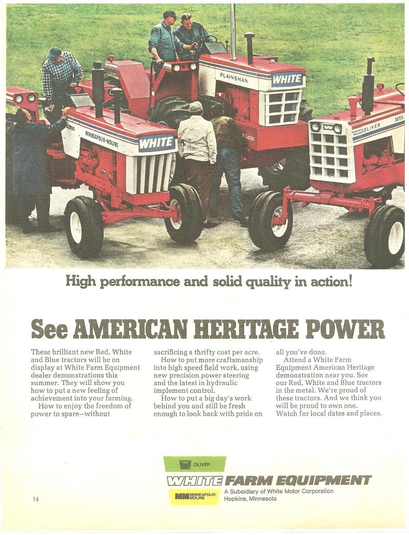 1970 White A4T Oliver 1855 Moline G950 Heritage Tractor - original add, for red white and blue Heritage tractors. The 4wd is a White A4T-1400 made by Moline