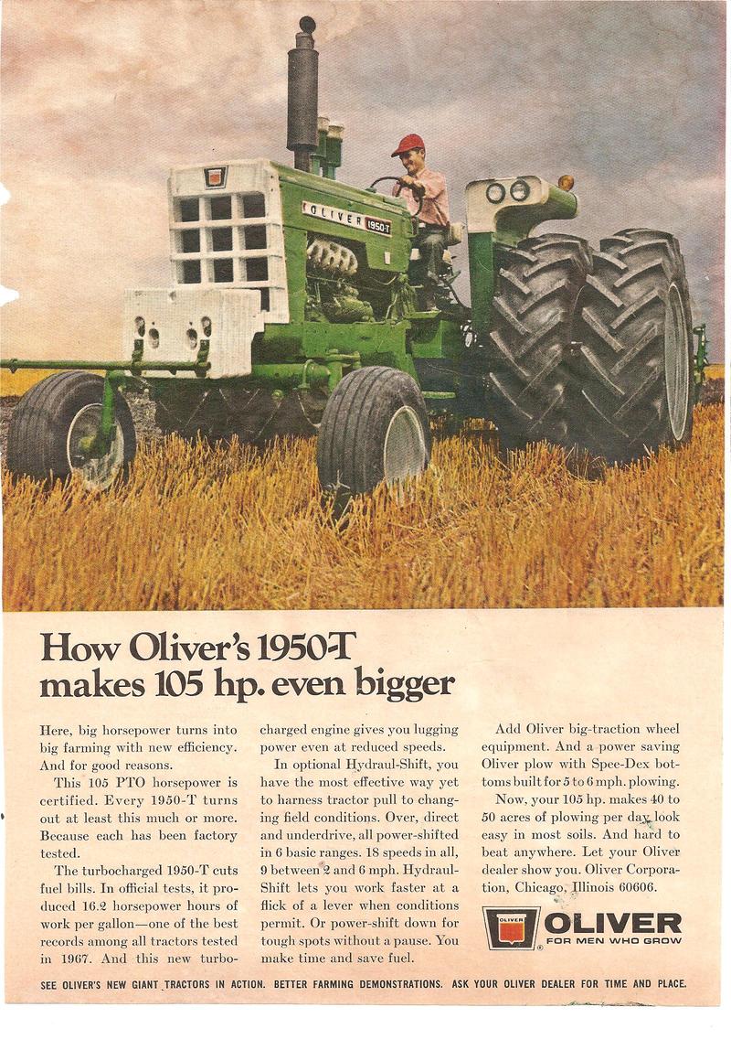 1968 Oliver 1950-T Tractor - an original ad for the 1950T turbocharged tractor