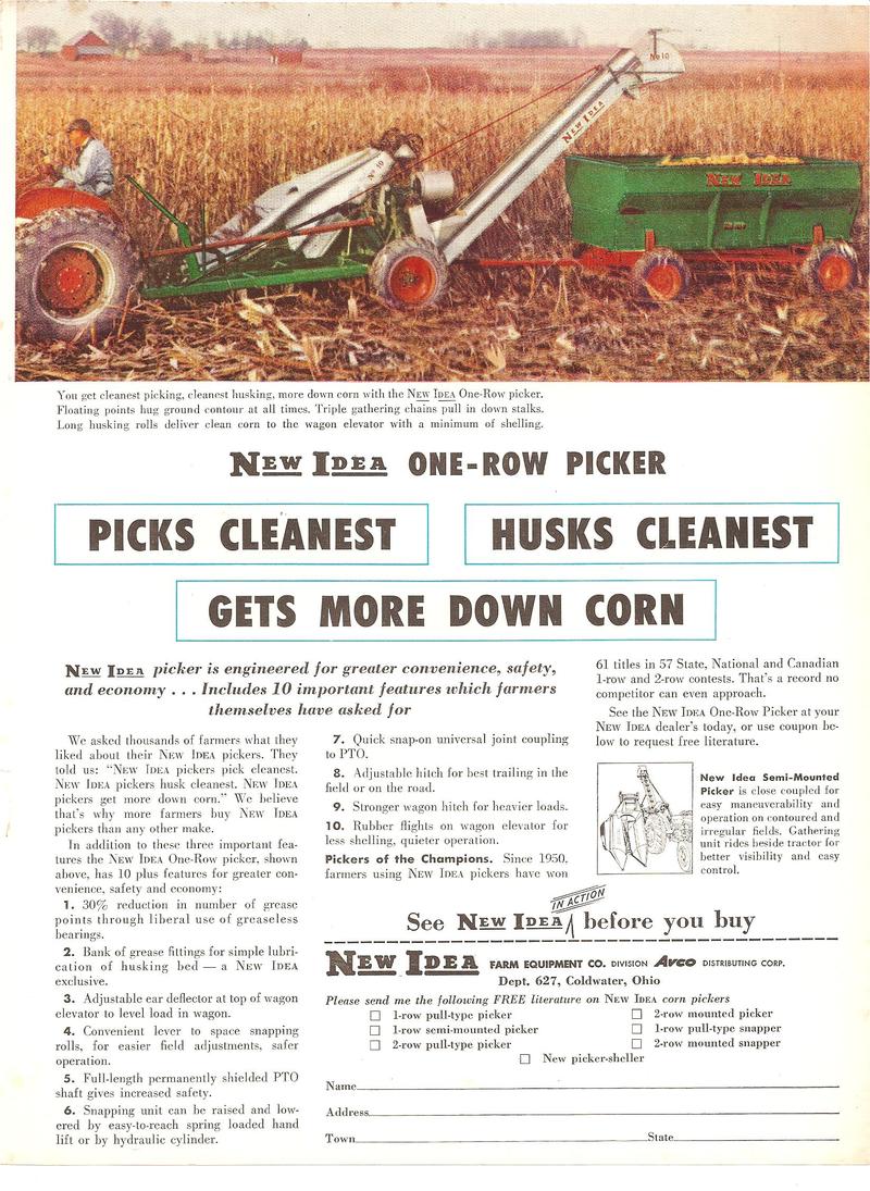 1958 New Idea Corn Picker - an original ad with lots of color