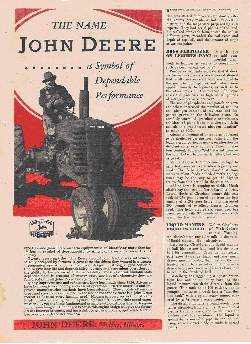 Nov 44 John Deere Ad - Published in the Nov 1944 Farm Journal and Farmer's Wife