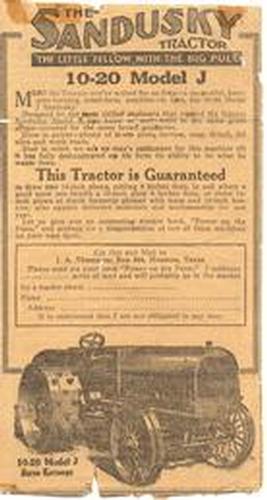 Sandusky Newspaper Ad - My grandfather apparently sold Sandusky Tractors. This is an ad for them and I am trying to figure out the year model of the tractors and where they were made and/or sold. I would guess about 1915 on the year