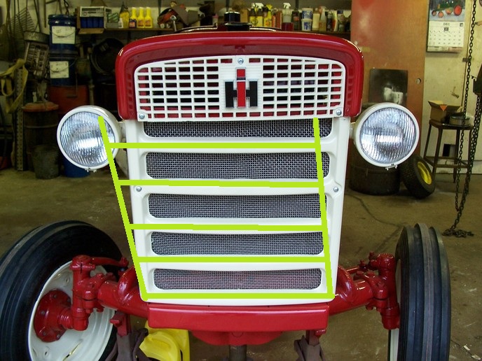 1959 Farmall 240 - The green lines show how my grille is racked compared to this straight one.