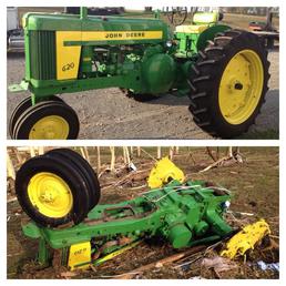 1957 John Deere 620 Tornado Victim - This is what an F4 tornado can do to a  pretty tractor.  This is my grandfathers  620 I spent 2 years restoring with the help  of some great friends. The top pic was  taken June 15 2014 and the bottom taken  June 16 2014.  Of course, our house and  everything else was destroyed as well.   Good news is, we will restore her to full  glory some day!  Can't keep a great JD down  for long!