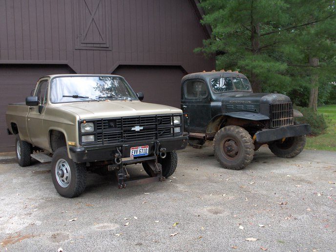 Cucv And Power Wagon - Here is a shot of the dynamic duo.. I do miss them both, however they both needed to be baby sitted not easy daily drivers.. The Chevy needed to have 4-6 oz. of 2 cycle oil in the fuel at each fill-up, and chasing electrical problems from one end to the other. Combination of 12 and 24 volt system, 2 alternators keeping the batteries up.. But, what a power house of a truck with only 130 horsepower..   The Power Wagon was a 1965 W300M that was sold by a now defunct Dodge dealer in Cleveland.  50 MPH top speed.. And a handful to steer..