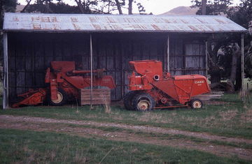 Case 600 Headers - August 2004 Athol Northern-Southland New-Zealand they had been parked here along with several other Case headers(some working examples some as parts donors)for many years a few weeks later the machines trees