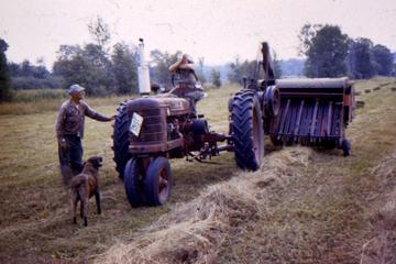 1947 Farmall H Pulling A New Holland Model 76 Baler - This was scanned from a color slide...My grandmother is driving the H,thats my grandpa with Amos the farm dog...I would estimate this was taken late 50's,prob about 1958