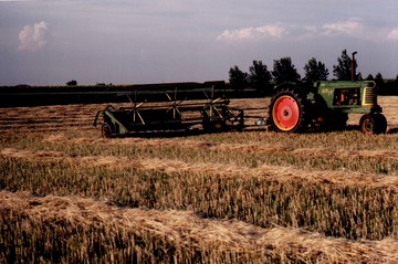 1951 Oliver 77 Row Crop W/ JD Windrower - The 77 parked in the middle of the field  with the old John Deere windrower.  Photo  taken late summer (approx 1984)
