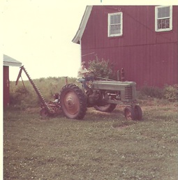 JD B - Massey Harris #3 'semi mounted' mower  hooked up and ready to cut hay. 1969