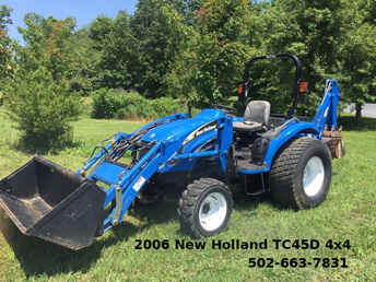 NH TC45D 4X4 Tractor - Clean tractor with Quick Attach loader and backhoe. 45HP, 4x4, Hydrostatic, 3 Point Hitch, Good Tires, Power Steering. Runs very well.